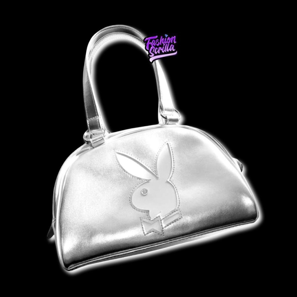 Vintage Playboy Silver Metallic White Bunny Logo Bauletto Bowler Handbag